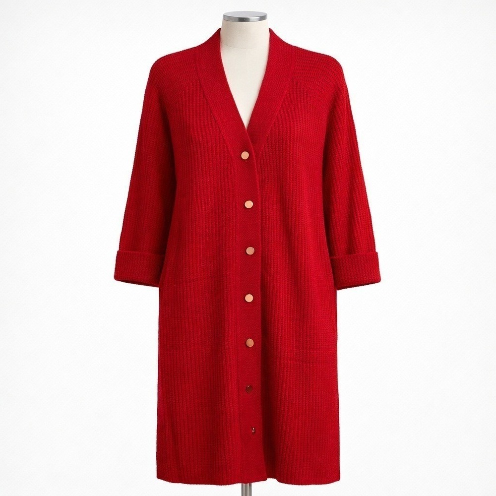 Vintage 70s Wool Button Long Cardigan Size XL Red Cottagecore Fisherman Coatigan